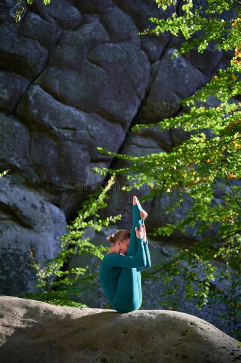 Woman Practicing Yoga Outdoors In Forest Barefoot Female On Yoga Mat