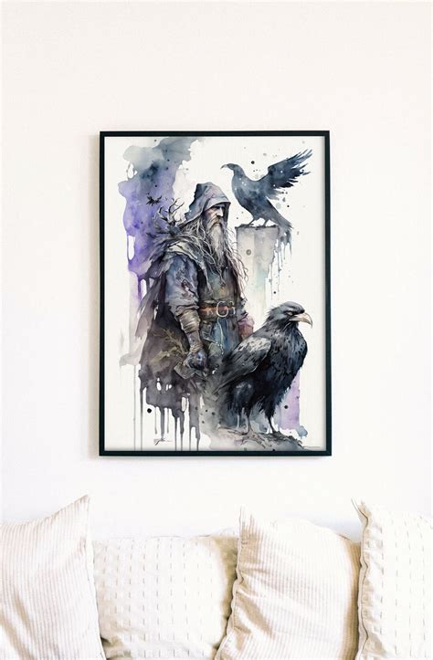 Odin & His Ravens, Norse Mythology Art Print, Watercolor God Odin's ...