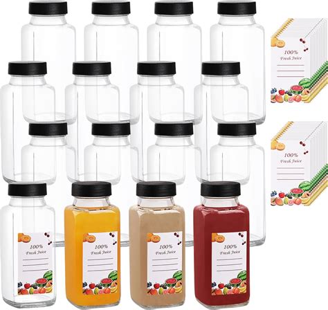 16 Pack 8 Oz Glass Juice Bottles With Black Lids And Labels Reusable Travel Juice