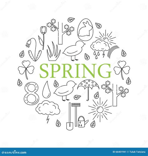 Symbols Of Spring In The Style Of Line Located In The Circle Stock