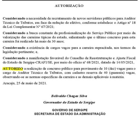 Concurso Sefaz SE autorização ratificada Edital EM BREVE