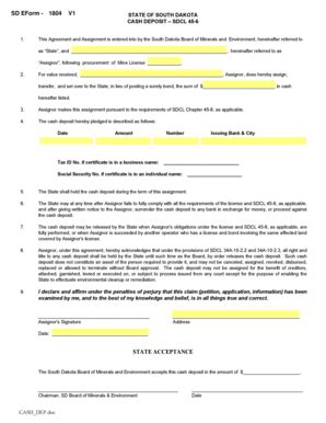 Fillable Online State Sd Cash Deposit Form For Mine Licenses State Of