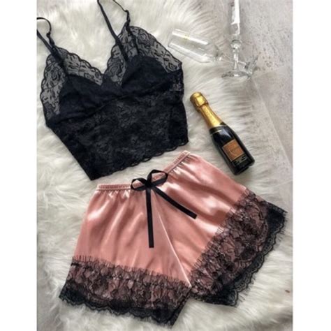 Pijama de Cetim Renda e Top Cropped de Renda Lingerie Moda íntima Moda Feminina Toendência