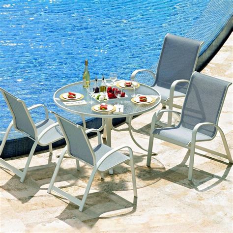 Primera 5 Piece Aluminum Patio Dining Set With 42 Inch Round Glass Top Table And Stacking Chairs