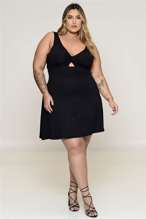 Vestido Plus Size Preto Curto Com Amarração Vk Moda Plus Size