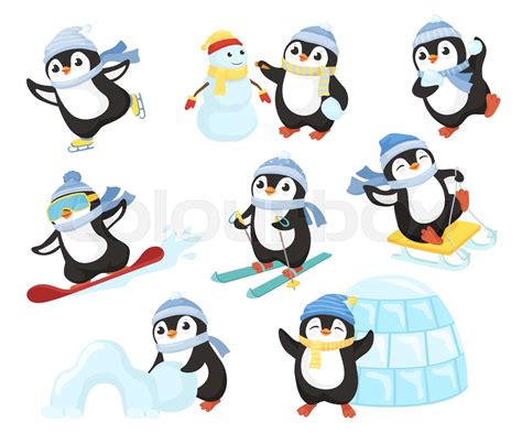 Penguin In Winter Activities Little Cute Cartoon Penguins Characters