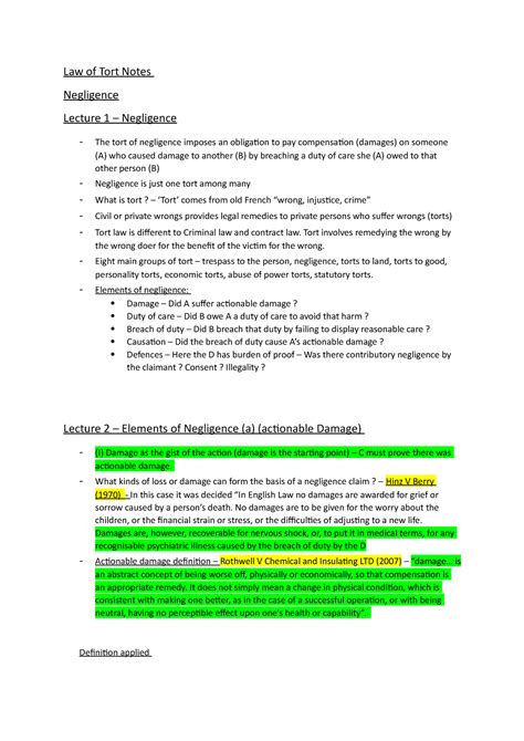 Law Of Tort Notes Law Law Of Tort Notes Negligence Lecture