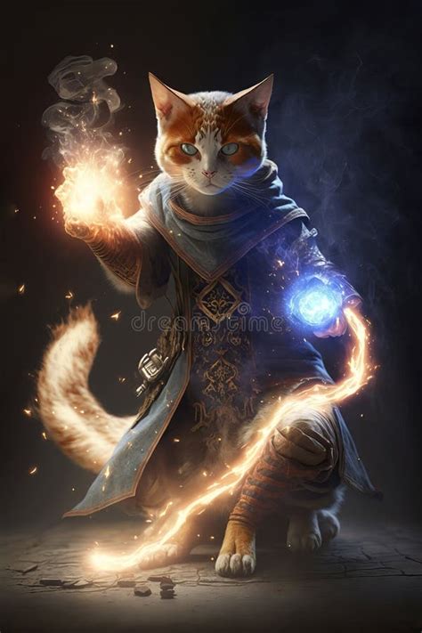 Illustration Of A Cat Wizard Casting Spells And Shooting Trails Of