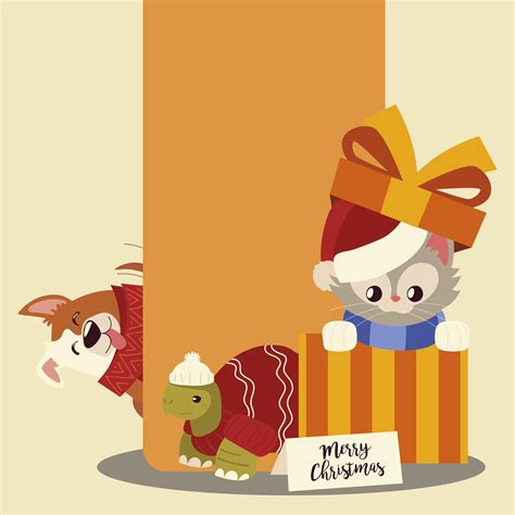 Merry Christmas Little Cat In T Box With Turtle And Dog Cartoon