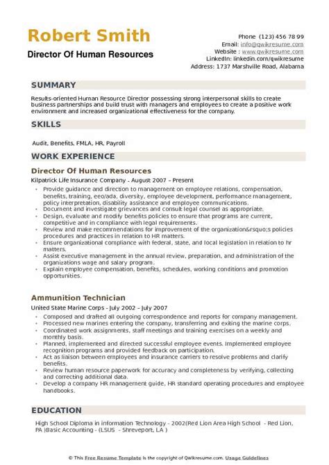 Director Of Human Resources Resume Samples Qwikresume