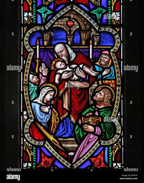 A Stained Glass Window Depicting Jesus S Presentation At The Temple