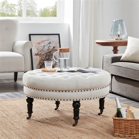 Belleze Beige Linen 33 Inch Tufted Round Accent Ottoman Foot Stool