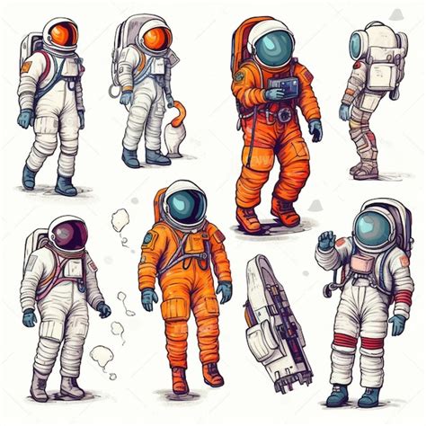 Un Grupo De Astronautas De Dibujos Animados En Diferentes Posiciones Y