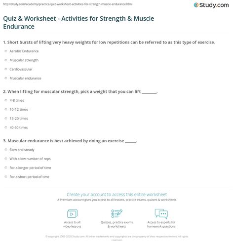 Quiz And Worksheet Activities For Strength And Muscle Endurance