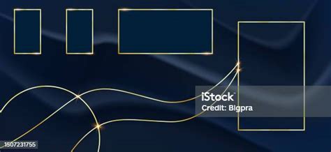 추상적인 울창한 정사각형 프레임과 곡선이 있는 황금색의 원형 구겨진 디자인의 진한 파란색 배경에 금색 벡터 그림 가리기에 대한