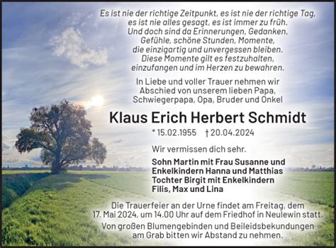 Traueranzeigen Von Klaus Erich Herbert Schmidt M Rkische