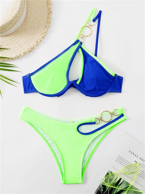 SHEIN Swim Vcay Two Tone Bikini Set Ring Linked Cut Out One Shoulder