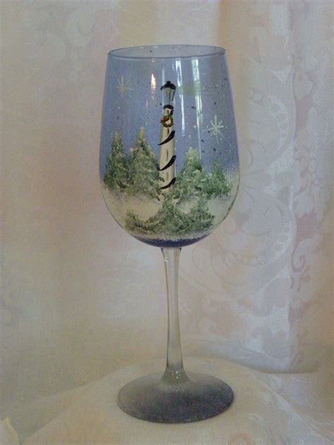 Winter Lighthouse Hand Painted Wine Glasses In 2024 Painted Wine Glasses Hand Painted Wine