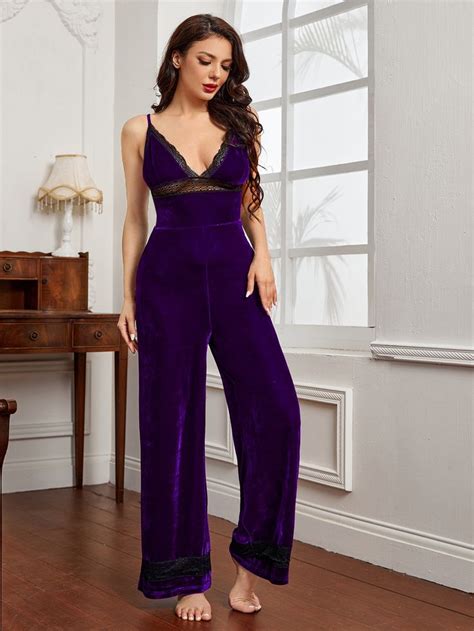 Shein Contrast Lace Trim Velvet Cami Sleep Jumpsuit Velvet Cami