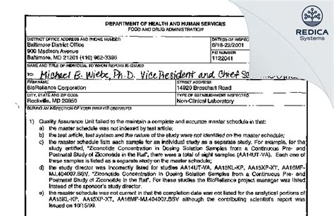 BioReliance Corporation Form 483 2001 06 22 Redica Systems Store