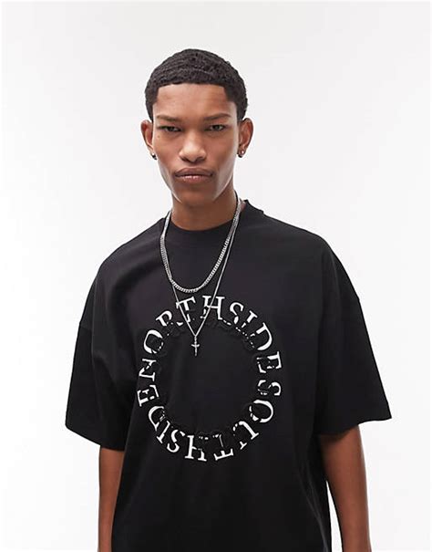 Topman Extreme Oversized T Shirt With North And Southside Print And Embroidery In Black Asos