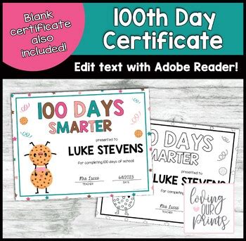 100 Days Smarter Certificate, 100 Days of School Certificate, Editable ...