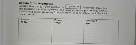 Gawain 9 1 Compute Mo Panuto Gamit Ang Supply Function Na Qs 200