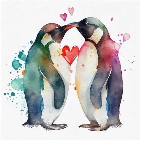 Joli Couple De Pingouins Amoureux De Coeurs Aquarelle Dessin