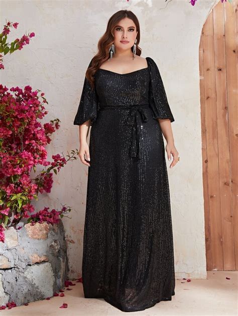 Fniseti Plus Sweetheart Neck Lantern Sleeve Belted Sequin Dress