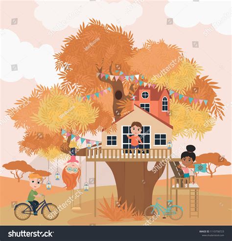 Tree House Cartoon Illustration Kids Editable Stock Vector Royalty