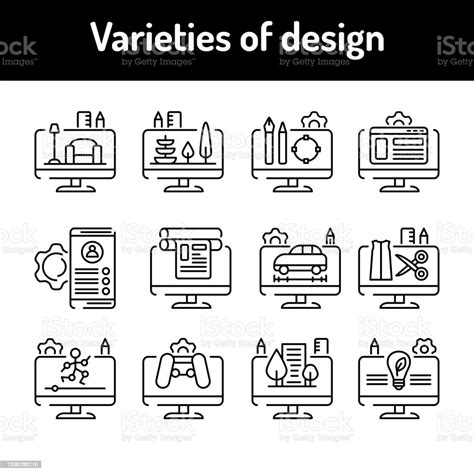 Types Of Design Black Line Icons Set Pictograms For Web Page Mobile App