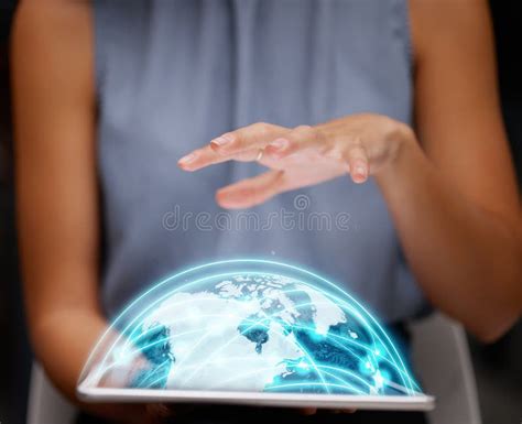 Global Hologram And Woman Hands On Tablet For Futuristic Network