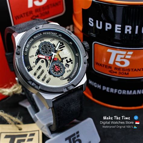 Jual Jam Tangan Cowok T5 3703 Chronograph Dan Tanggal Aktif Strap Kulit