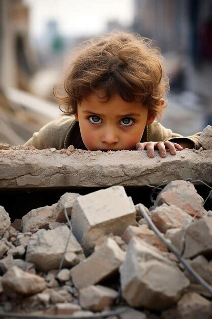 En las ruinas de un edificio destruido a causa de la guerra un niño