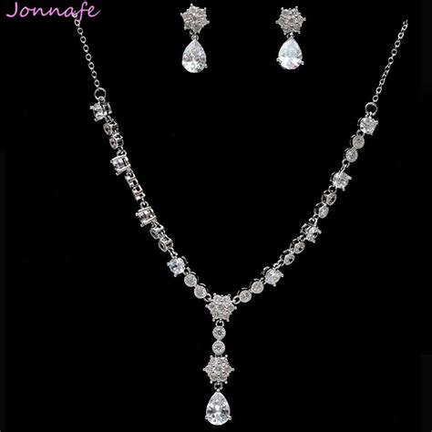 Jonnafe Simple Bridal Zirconia Jewelry Set Silver Wedding Prom Necklace