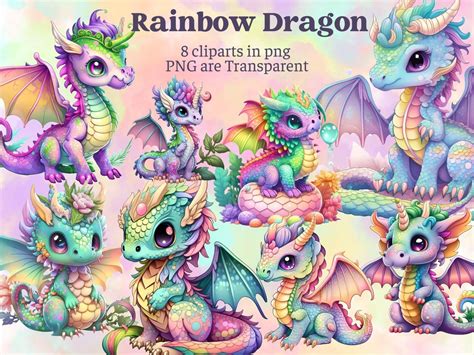 Rainbow Dragon Clipart Png Jpeg Fantasy Watercolor Etsy