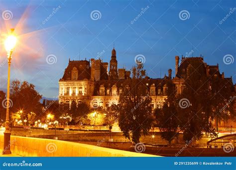 City Hall Of Paris Across Seine River At Night France Stock Image