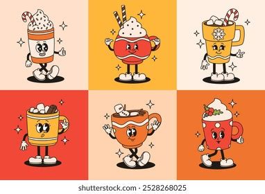 Set Groovy Christmas Drinks Characters Cups Stock Vector Royalty Free