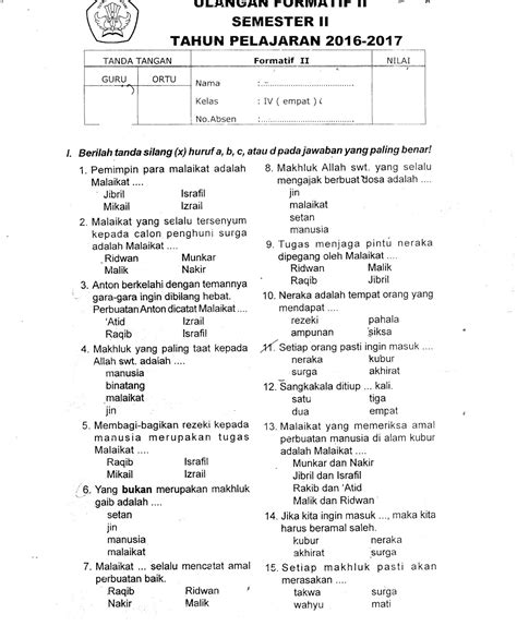 Ulangan Formatif II Agama Islam SD Kelas 4 TA 2016 2017 Semester Genap