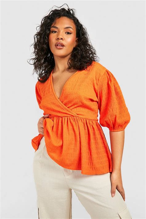 Womens Orange Plus Textured Puff Sleeve Wrap Top Boohoo Uk