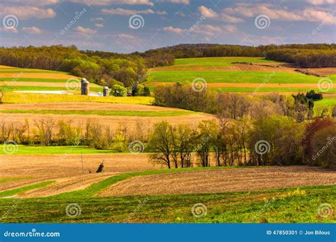 Spring View Of Rolling Hills And Farm Fields In Rural York Count Stock