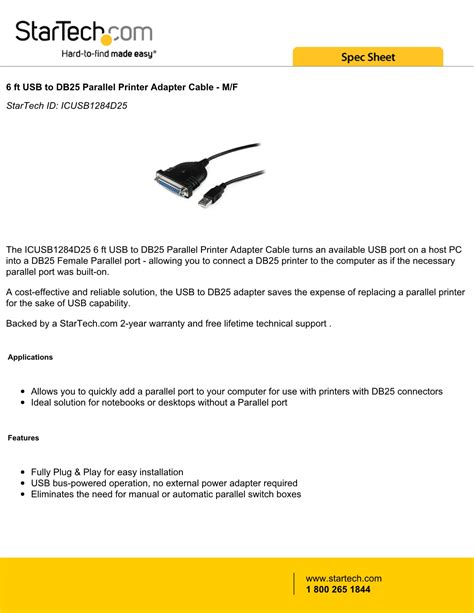 Startech Parallel Printer Adapter Usb Db2 Icusb1284d25