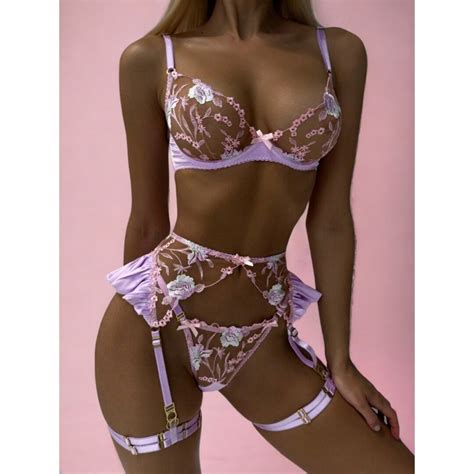 Purple Floral Sheer Lingerie Set Floral Embroidered Lingerie Set See