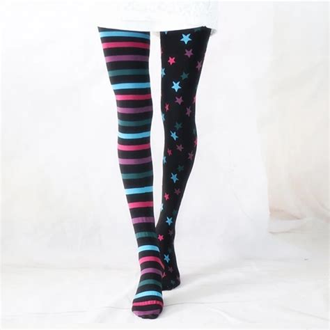 Japanese Harajuku Stars And Striped Patterned Velvet Tights Pantyhose