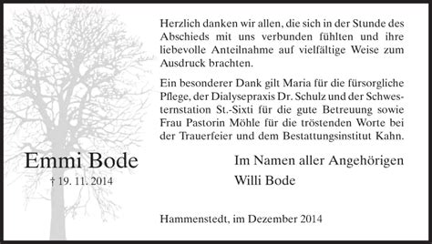 Traueranzeigen Von Emmi Bode Trauer Hna De