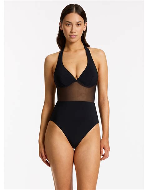 Jets Black Plunge Halter One Piece Swimsuit | David Jones