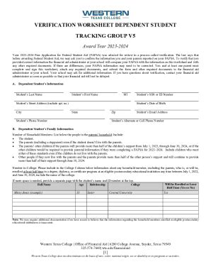 Fillable Online Verification Worksheet Dependent Student Fax Email