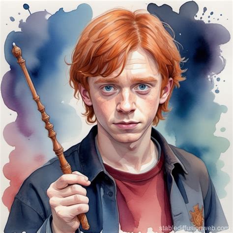 Ron Weasley Watercolor Contour Portrait With Wand Stable Diffusion