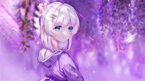 Blue Eyes White Hair Anime Girl In Purple Background 4K HD Anime Girl ...