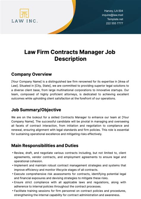 Free Law Firm Contracts Manager Job Description Template Edit Online And Download